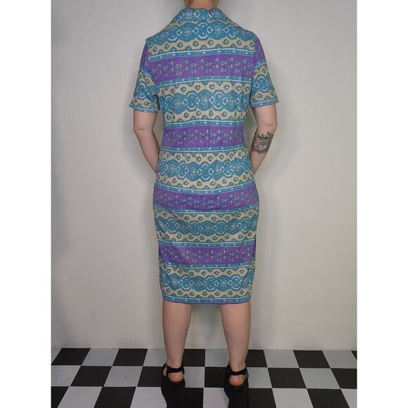 Vtg Mod 60s Half Zip Blue Purple Tan Mid Length Mumu Night Gown Cover Up Sz Sm - Picture 7 of 10